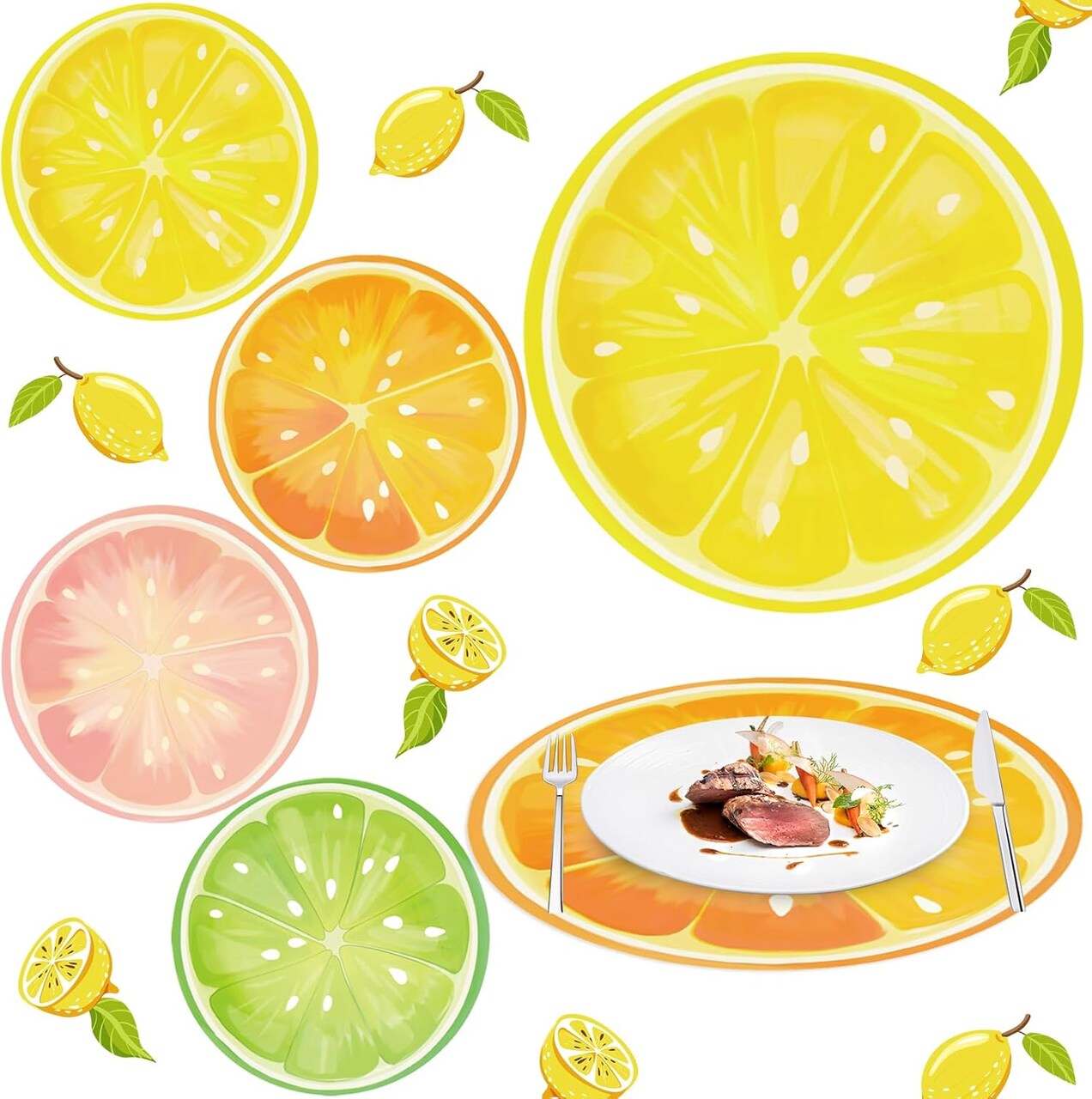 60Pcs Summer Citrus Fruit Paper Placemats 13" Tropical Fruits Slices Disposable Table Mat Lemon Lime Orange Grapefruit Round Paper Mats for Spring Summer Tableware Decor